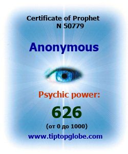 Certificate of test clairvoyant, psychic, prophet, soothsayer, precognition. Free test online, 10 minutes.