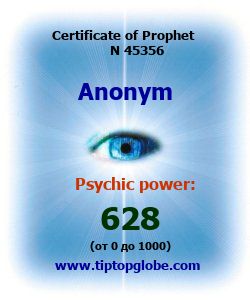 Certificate of test clairvoyant, psychic, prophet, soothsayer, precognition. Free test online, 10 minutes.