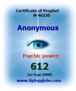 Certificate of test clairvoyant, psychic, prophet, soothsayer, precognition. Free test online, 10 minutes.