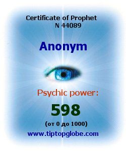 Certificate of test clairvoyant, psychic, prophet, soothsayer, precognition. Free test online, 10 minutes.