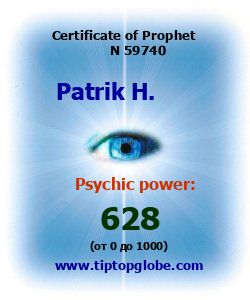 Certificate of test clairvoyant, psychic, prophet, soothsayer, precognition. Free test online, 10 minutes.