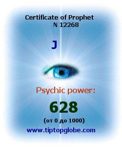 Certificate of test clairvoyant, psychic, prophet, soothsayer, precognition. Free test online, 10 minutes.