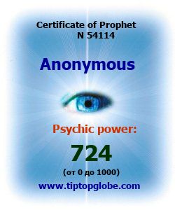 Certificate of test clairvoyant, psychic, prophet, soothsayer, precognition. Free test online, 10 minutes.