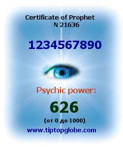 Certificate of test clairvoyant, psychic, prophet, soothsayer, precognition. Free test online, 10 minutes.