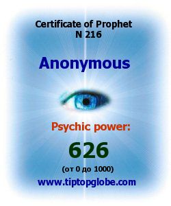 Certificate of test clairvoyant, psychic, prophet, soothsayer, precognition. Free test online, 10 minutes.