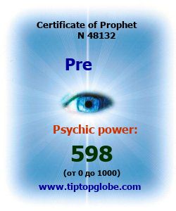 Certificate of test clairvoyant, psychic, prophet, soothsayer, precognition. Free test online, 10 minutes.