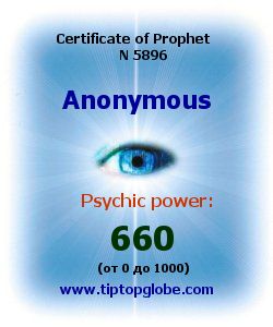 Certificate of test clairvoyant, psychic, prophet, soothsayer, precognition. Free test online, 10 minutes.
