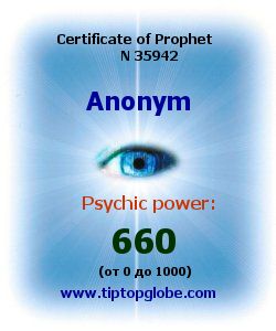Certificate of test clairvoyant, psychic, prophet, soothsayer, precognition. Free test online, 10 minutes.