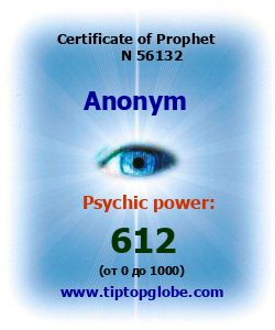 Certificate of test clairvoyant, psychic, prophet, soothsayer, precognition. Free test online, 10 minutes.