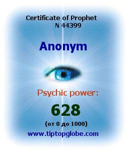 Certificate of test clairvoyant, psychic, prophet, soothsayer, precognition. Free test online, 10 minutes.