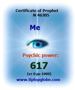 Certificate of test clairvoyant, psychic, prophet, soothsayer, precognition. Free test online, 10 minutes.
