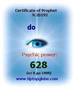 Certificate of test clairvoyant, psychic, prophet, soothsayer, precognition. Free test online, 10 minutes.